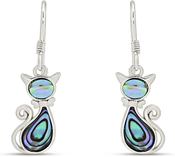 Abalone Shell Animal Dangle Earrings for Women (Kiwi Bird, Cat, Seahorse) in 14K White Gold Over 925 Sterling Silver, Iridescent Fishhook Drop Jewelry Gift