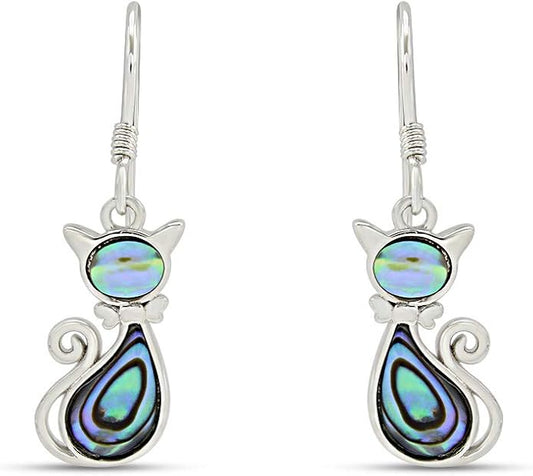 Abalone Shell Animal Dangle Earrings for Women (Kiwi Bird, Cat, Seahorse) in 14K White Gold Over 925 Sterling Silver, Iridescent Fishhook Drop Jewelry Gift