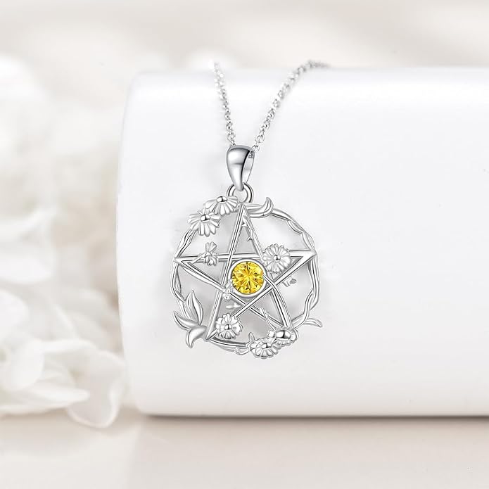 Birthstone Pentagram Necklace for Women 925 Sterling Silver Pentacle Daisy Pendant Pentacle Jewelry Birthday Gifts