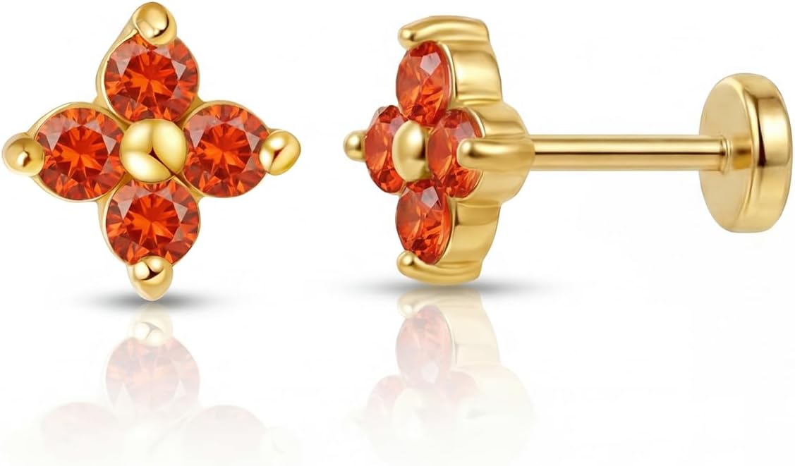 FANSING Short Threadless Cartilage Earring Stackable CZ Birthstone Flat Back Earrings for Women Small Stud Earrings for Tragus Helix Earlobe 18K Gold Plated ‌Rainbow 5.0mm