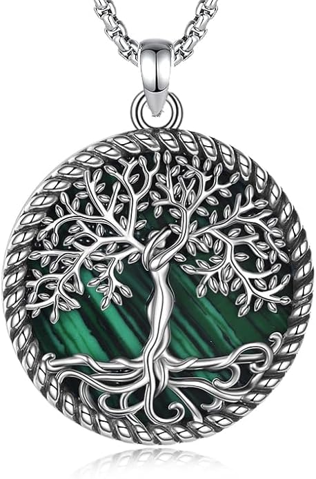 Tree of Life Necklace 18K White Gold Plated Turquoise/Pearl Shell/Malachite/Abalone Shell/Blue Opal/Black Onyx Tree Necklace Jewelry Gift for Women Men,22+2"