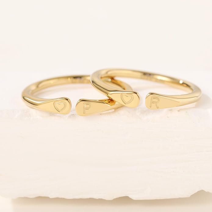 14k Gold Filled Hand Carving Initial Rings for Women Non Tarnish Wedding Heart Shaped Bands for Women