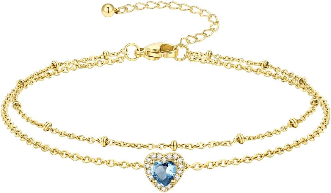 Richsteel Double Layer Heart/Butterfly Birthstone Anklet for Women Non Tarnish Waterproof, Silver/Gold/Black Stainless Steel 8.5-10.5 Inch Adjustable Chain Anklets Jewelry Gifts for Her