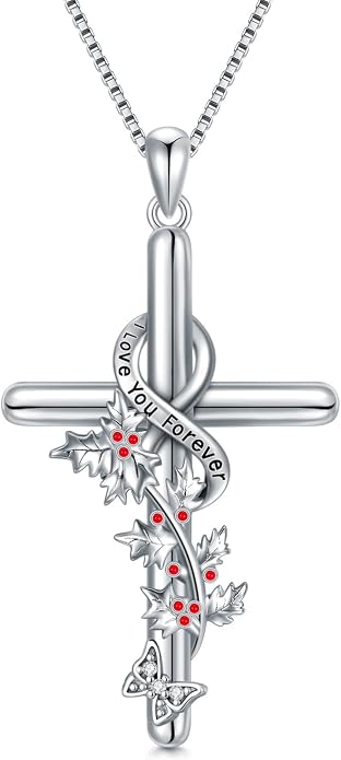 Cross Necklace for Women 925 Sterling Silver I Love You Necklace Religious Jewelry with Gift Box for Mother Daughter