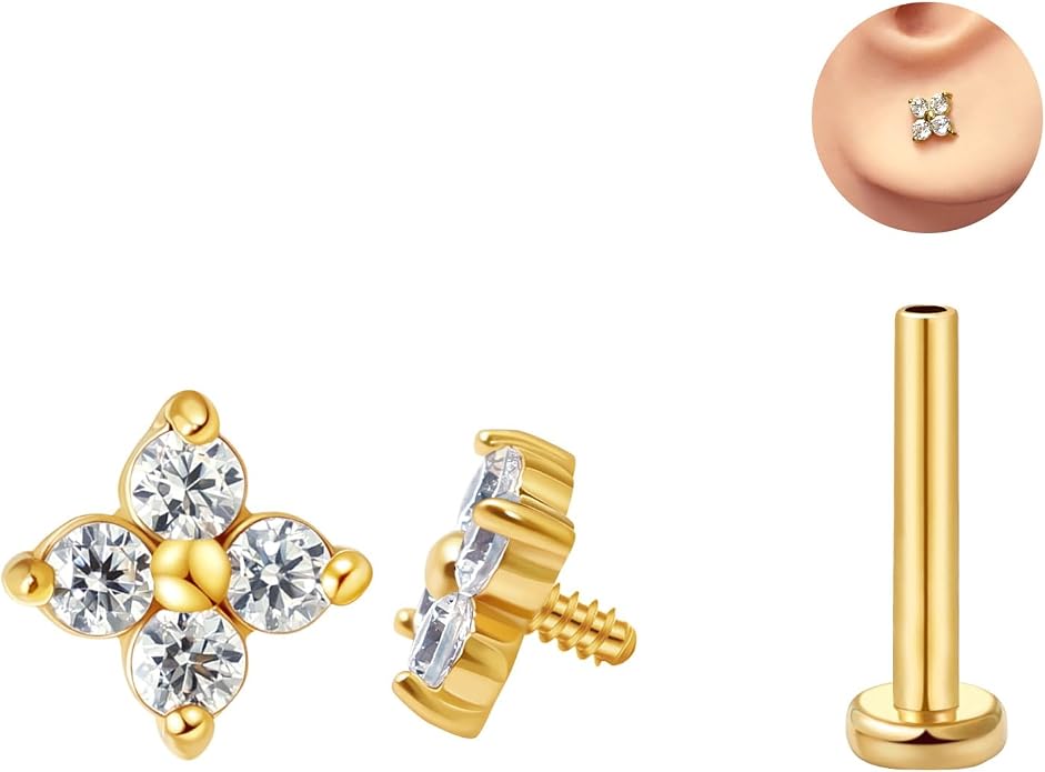 FANSING CZ Flower Internally Threaded Flat Back Earring Labret Stud for Cartilage Tragus Helix Conch