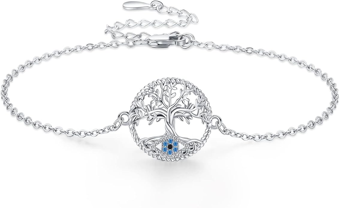 Midir&Etain Tree Of Life & Evil Eye Bracelet Anklet For Women 925 Sterling Silver Adjustable Family Tree Christmas Jewelry Gifts