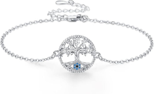 Midir&Etain Tree Of Life & Evil Eye Bracelet Anklet For Women 925 Sterling Silver Adjustable Family Tree Christmas Jewelry Gifts