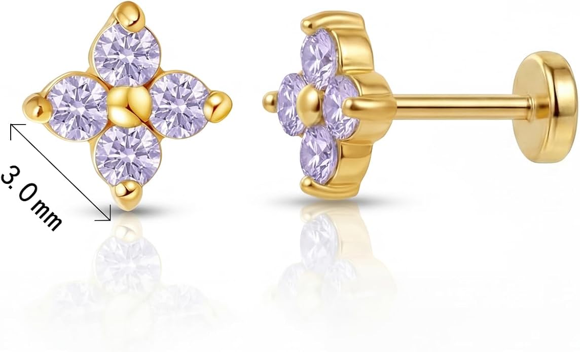 FANSING Short Threadless Cartilage Earring Stackable CZ Birthstone Flat Back Earrings for Women Small Stud Earrings for Tragus Helix Earlobe 18K Gold Plated ‌Rainbow 5.0mm