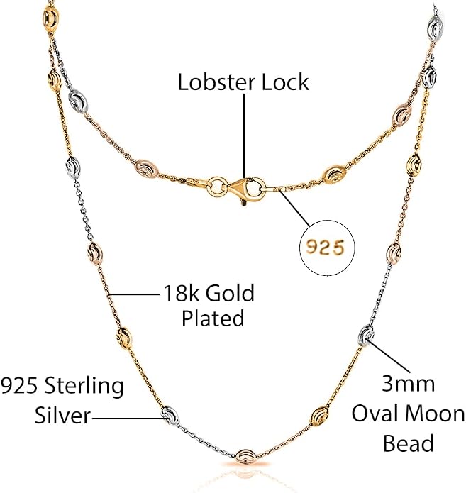 Savlano 18K Gold Plated Over 925 Sterling Silver Station Oval Moon Bead Necklace Chain For Women. Silver, Gold, Rose Gold - Made in Italy Comes With a Gift Box