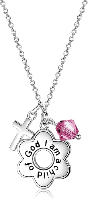 AOBOCO 925 Sterling Silver I Am a Child of God Daisy Necklace Jewelry Birthday Birthday Baptism Communion Gifts for Girls