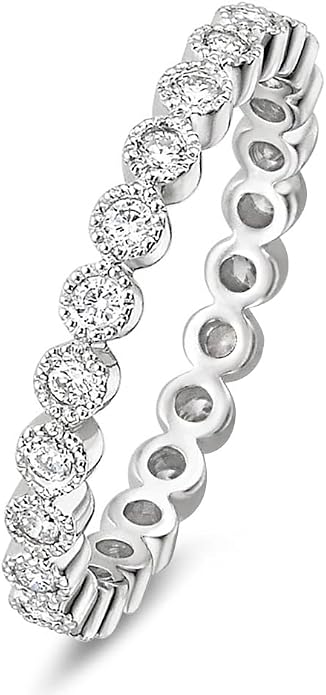 EAMTI 2mm 925 Sterling Silver Wedding Band Cubic Zirconia Half Eternity Stackable Engagement Ring Size 3-13