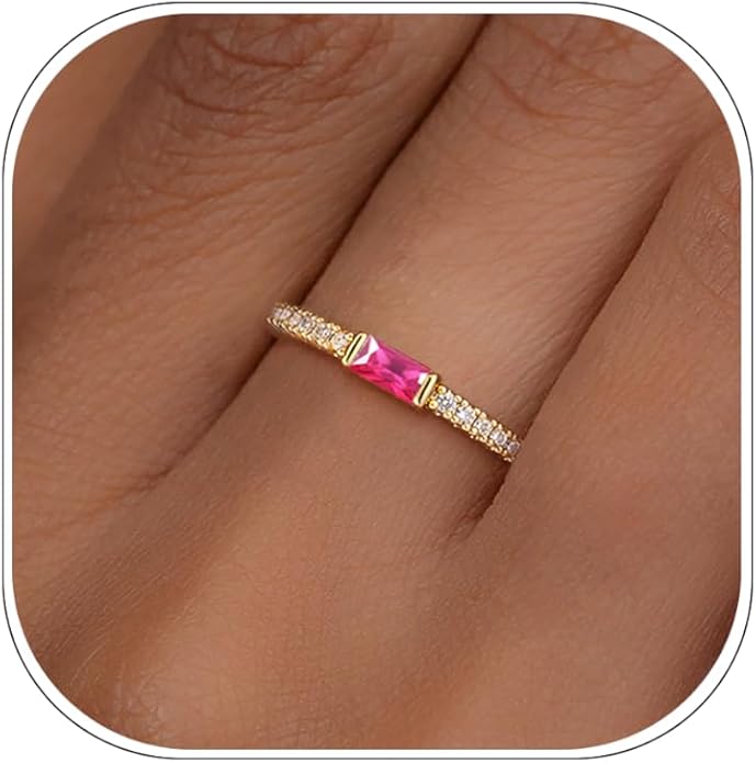 RLMOON Birthstone Gold Rings for Women Non Tarnish 14K Gold Plated Eternity Stackable Rings Dainty CZ Gemstone Engagement Rings Wedding Band Jewelry Gifts Size 4-10
