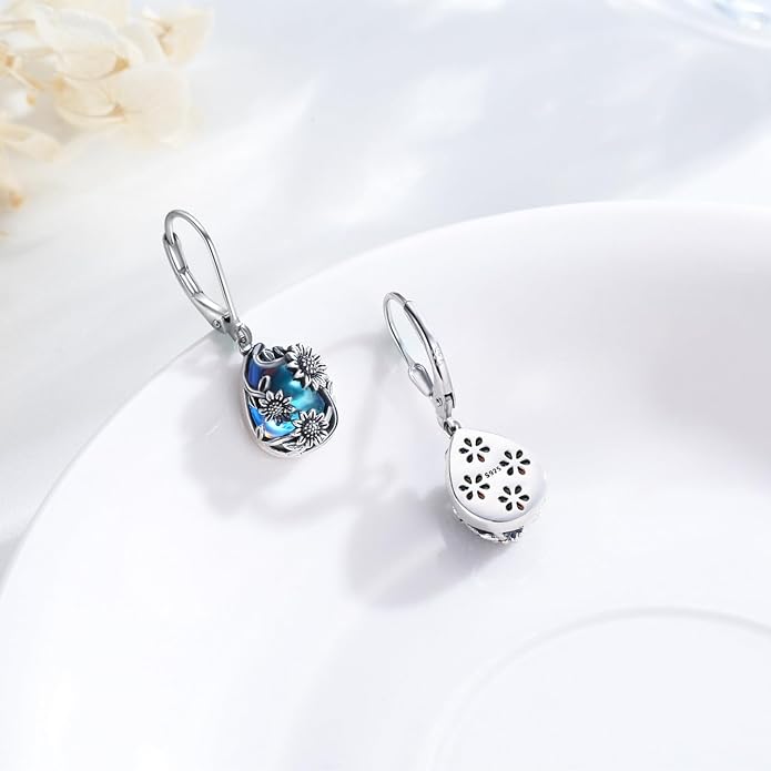 Flower Earrings 925 Sterling Silver Flower Teardrop Leverback Dangle Earrings Jewelry Gifts for Women Girls