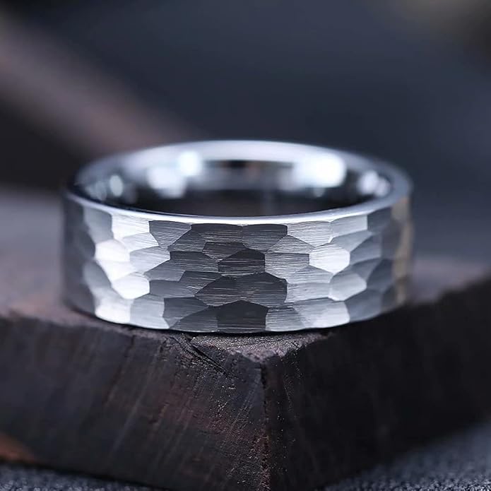 King Will Hammered 8mm Silver Tungsten Ring Hammer Men Wedding Band Comfort Fit