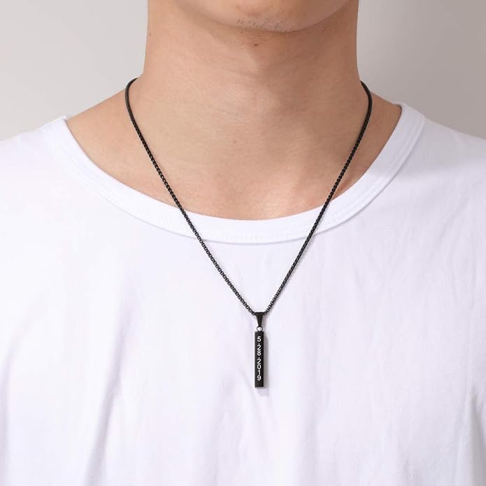Personalized Men's Name Bar Necklace Engraved Initial Name Stainless Steel Vertical Bar Necklace for Father Husband Boyfriend Birthday