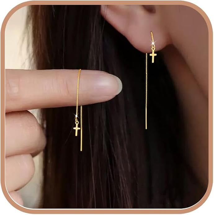 Cross Threader Earrings for Women 925 Sterling Silver Dainty Long Chain Ear Line 14K Gold Plated Elegant Cross Faith Dangle Tassel Earrings Hypoallergenic Drop Stud Christian Wedding Jewelry Gift