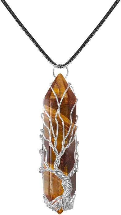 VIBILIA Healing Crystal Necklace Tree of Life Wire Wrapped Natural Stone Point Pendant Necklace Hexagonal Reiki Spiritual Quartz Gemstone Jewelry for Women Men