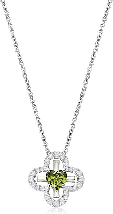 Four Leaf Clover Heart Birthstone Necklace, S925 Sterling Silver Clover Pendant, Dainty Lucky Charm Jewelry Birthday Gift for Her, 18"+2" Adjustable
