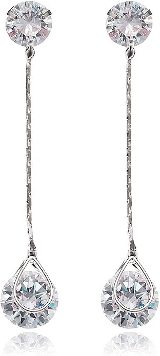Crystal Linear Drop Earrings - Womens Sterling Silver Round Cubic Zirconia CZ Diamond Rhinestone Long Chain Dangle Earrings Bridal Drop Earrings for Wedding Bride Bridesmaids