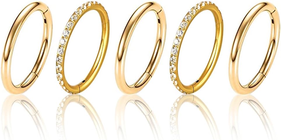 5/10PCS Septum Rings Hoop, 16G/1.2*(6-8-10) mm Surgical Stainless Steel CZ Segment Nose Rings, Cartilage Clicker Hoop Earrings for Rook, Daith, Tragus, Shell pattern Gold Silver
