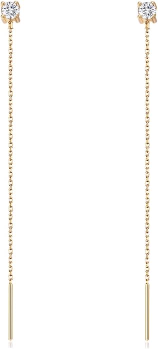 S.Leaf Gold Chain Threader Earrings for Women Trendy 925 Sterling Silver Hypoallergenic Cubic Zirconia Backless Ardant Chain Duster Threader Double Piercing Pull Through Earrings for Women Girls Birthday Gifts