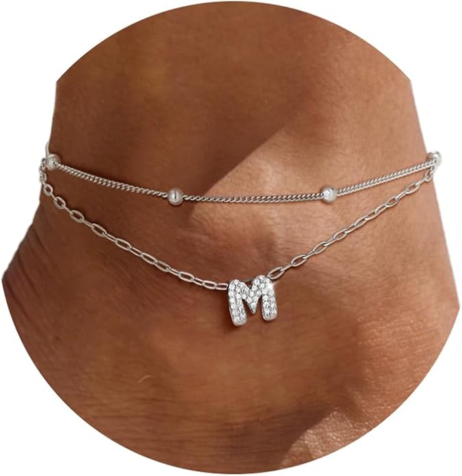 FindChic Silver/14K Gold Plated Layered CZ Initial Ankle Bracelet for Women | Waterproof Stainless Steel, Cubic Zirconia Letter Charm, Non-Tarnish, Hypoallergenic, Adjustable Extender, Summer Jewelry