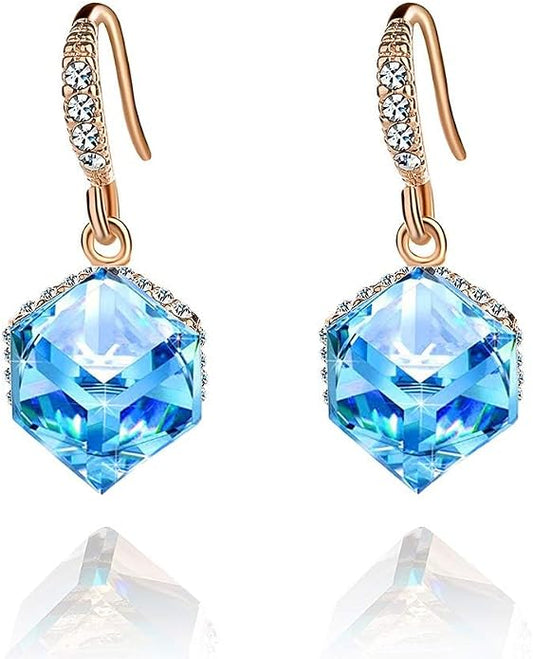 Austrian Crystal Cube Drop Dangle Earrings for Women 14K Gold Plated Hypoallergenic Jewelry