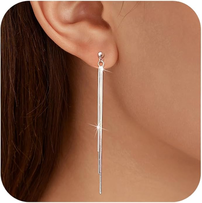 925 Sterling Silver Tassel Chain Dangle Earrings for Women Sparkling Long Fringe Dangle Drop Earrings Bling Line Minimalist Wedding Studs Earring Jewelry Birthday Christmas Gifts for Her