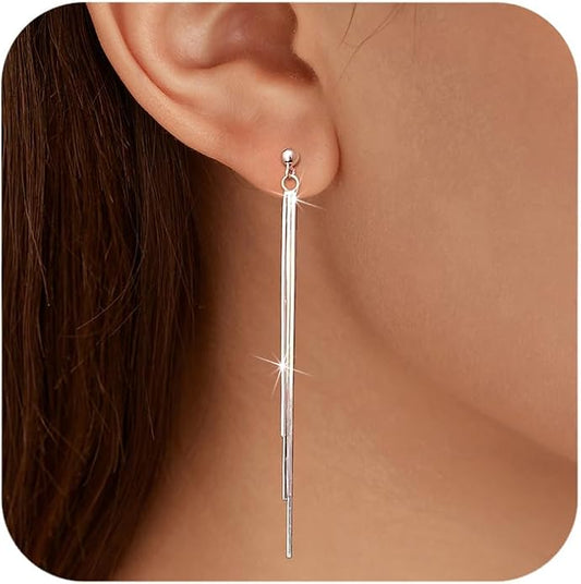 925 Sterling Silver Tassel Chain Dangle Earrings for Women Sparkling Long Fringe Dangle Drop Earrings Bling Line Minimalist Wedding Studs Earring Jewelry Birthday Christmas Gifts for Her
