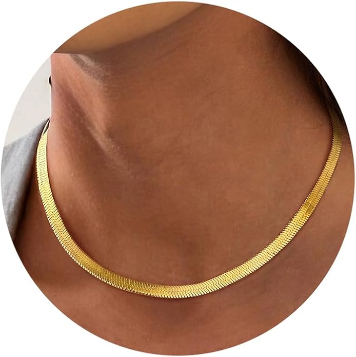 FindChic Black/14K Gold Plated Herringbone Choker Chain Necklace for Women | Waterproof Stainless Steel, Dainty Layering, Flat Snake Chain, Non-Tarnish, Hypoallergenic, Adjustable Extender, Gift Box