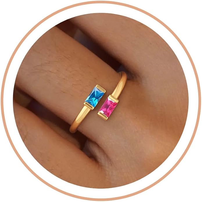 Honsny Gold Birthstone Rings for Women Non Tarnish 14K Gold Plated Adjustable Emerald Ring Cubic Zirconia Gemstone Promise Ring for Her Engagement Personalized Waterproof Jewelry Gifts for Birthday