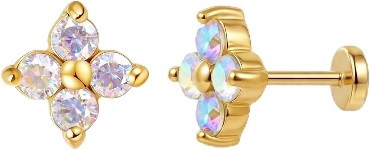 FANSING Short Threadless Cartilage Earring Stackable CZ Birthstone Flat Back Earrings for Women Small Stud Earrings for Tragus Helix Earlobe 18K Gold Plated ‌Rainbow 5.0mm