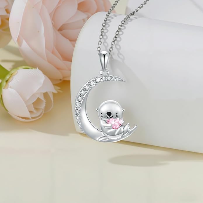 PROESS Animal Birthstone Necklace 925 Sterling Silver Otter/Axolotl/Hippo/Elephant/Dachshund/Monkey/Red Panda Pendant Necklace Animal Birthstone Jewelry Gifts for Women