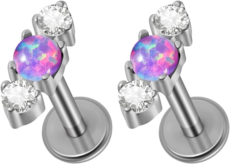 2PCS G23 Titanium Fire Opal CZ Labret Stud Piercing Cartilage Helix Tragus Climber Earrings for Men Women Lip Monroe Body Piercing Jewelry