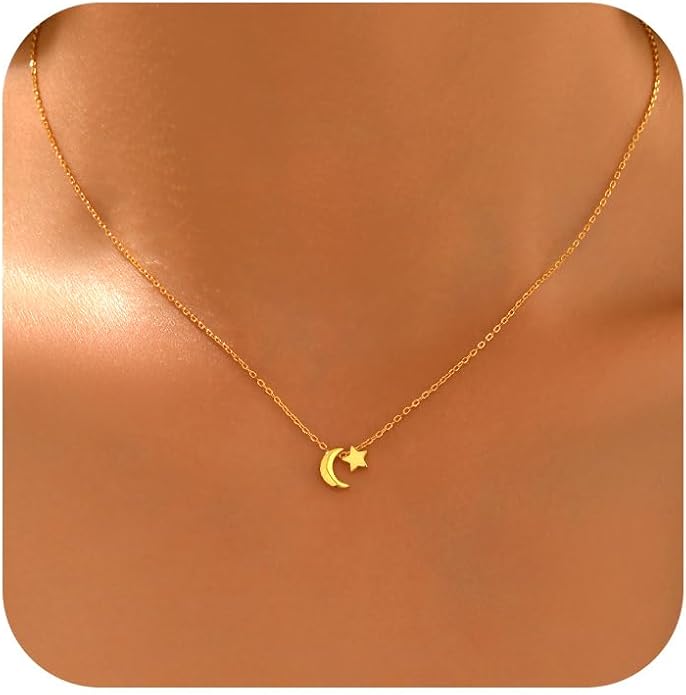 925 Sterling Silver Crescent Necklace for Women, Dainty Moon Star Choker Chain Necklace to Daughter Mother, 14k Gold Plated Moon and Star Charm Pendant Necklaces Jewelry Gift for Birthday Mother's Day