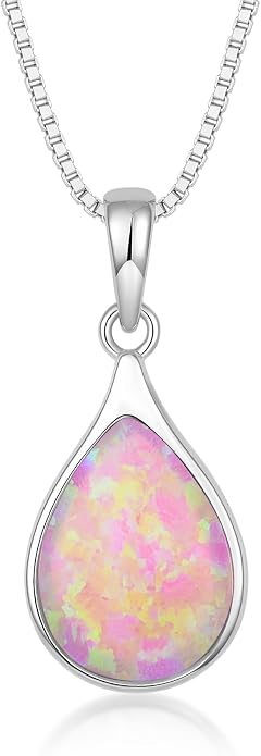 Teardrop Opal Necklace for Women - 925 Sterling Silver October Birthstone Pendant Necklace, Dainty Pear Shape Gemstone Jewelry Gif for Her, Adjustable Box Chain