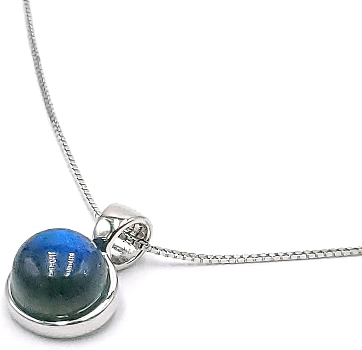 Natural gemstone 8mm round pendant with white gold over 925 sterling silver bezel cabochon plate and box chain, real genuine dainty birthstone gift for her, uniquelan jewelry