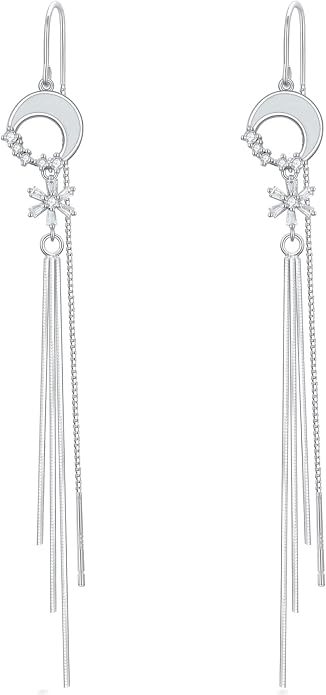 VONALA Moon Star Threader Earrings Sterling Silver Long Earrings for Women Hypoallergenic Tassel Chain Earrings for Teen Girls
