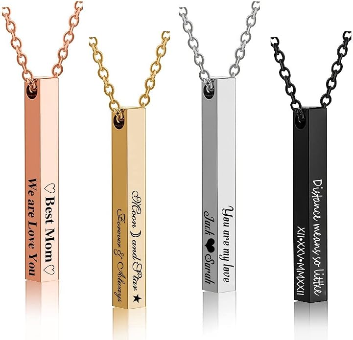 4 Sided Bar Necklace Personalized, Handmade Sterling Silver 3D Vertical Engraved Name Necklace Coordinate Jewelry Christmas Anniversary Gifts for Men, Women
