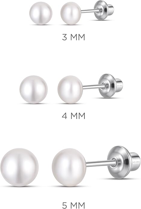 Pearl Screw Back Stud Earrings for Baby, Toddler, Girls | Hypoallergenic 925 Sterling Silver Screwback Safety Earrings | Simulated Pearl Studs for Sensitive Ears | Keepsake Gift for Birthdays Holidays Special Occasions