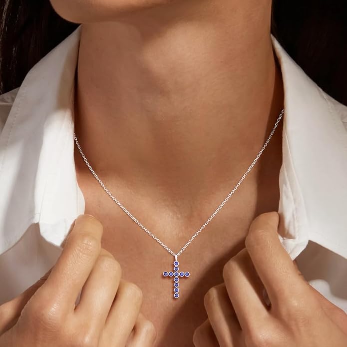 Sterling Silver Cross Necklace for Women Birthstone Religious Jewelry