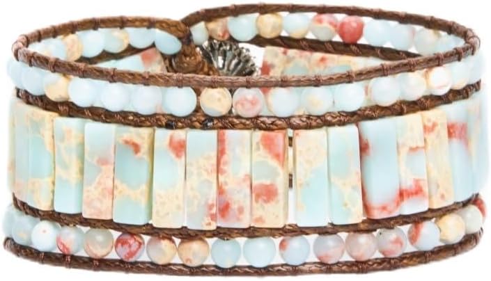 YGLINE Boho Handmade Natural Stone Bead 3 Row Wide Wrap Wrist Statment Bracelet Jewelry Collection