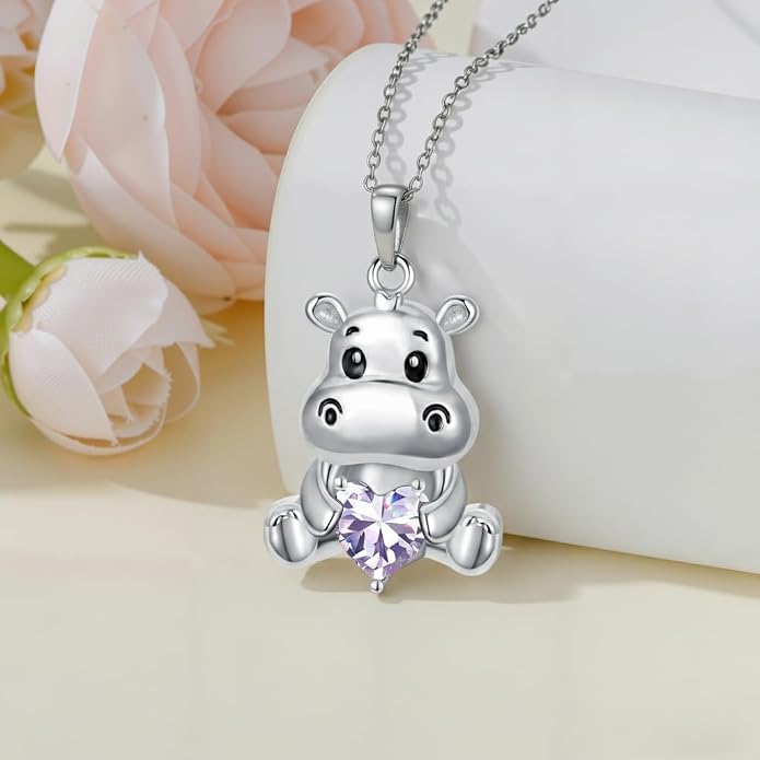 PROESS Animal Birthstone Necklace 925 Sterling Silver Otter/Axolotl/Hippo/Elephant/Dachshund/Monkey/Red Panda Pendant Necklace Animal Birthstone Jewelry Gifts for Women