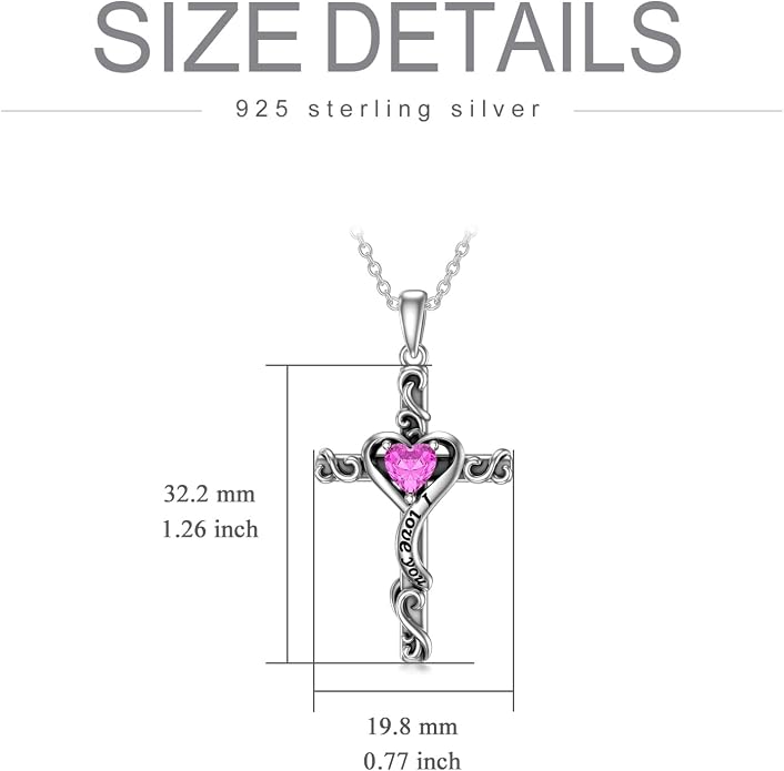TOUPOP Cross Birthstone Necklace for Women 925 Sterling Silver Heart Cross Pendant I Love You Jewelry Anniversary Birthday Mothers Day Gifts for Mom Wife Her