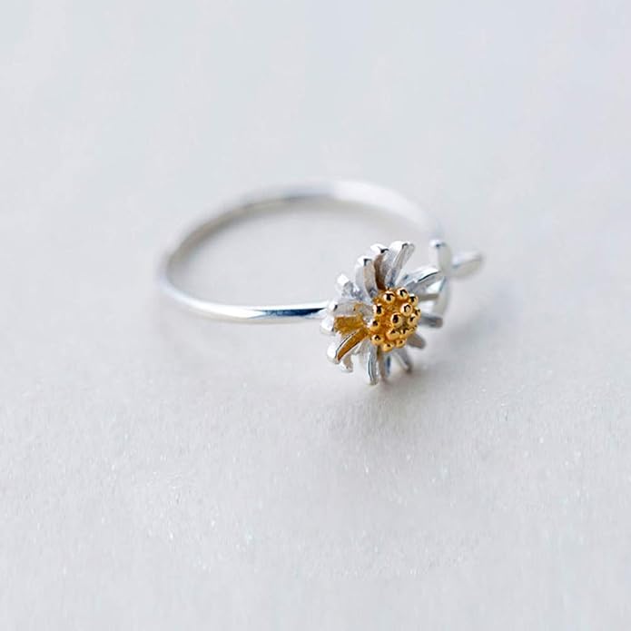 NewZenro Daisy Flower Cute Leaf Sterling Silver Engagement Open Toe Rings Dainty Adjustable Gold Plated Finger Promise Statement Sunflower Ring Jewelry Gifts for Birthday Women Daughter