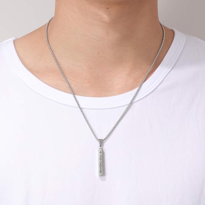 Personalized Men's Name Bar Necklace Engraved Initial Name Stainless Steel Vertical Bar Necklace for Father Husband Boyfriend Birthday