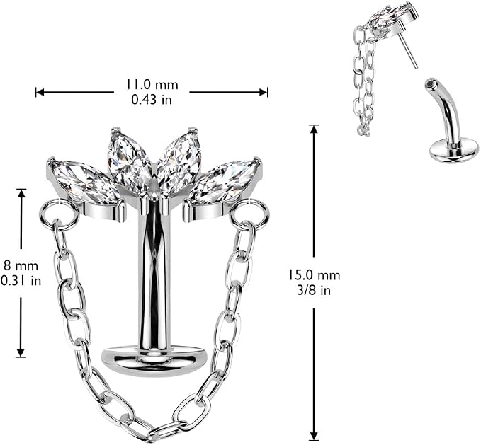 Pierced Owl 14GA ASTM F-136 Implant Grade Titanium Threadless Push-In CZ Crystal Marquise Fan with Dangling Chain Floating Belly Button Ring (Gold Tone)