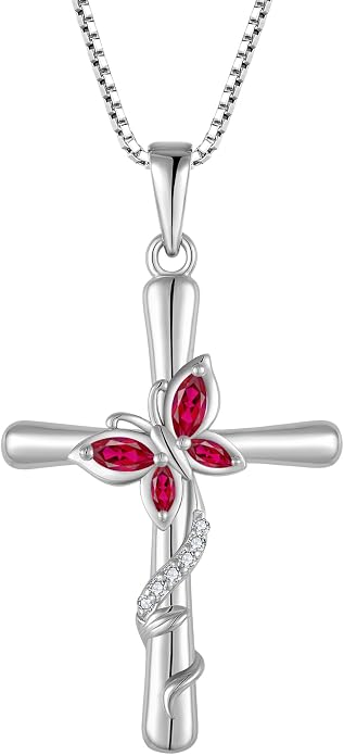 Cross Necklace for Women 925 Sterling Silver Butterfly Necklace Birthstone Pendant Created Gemstone Jewelry Gifts for Women