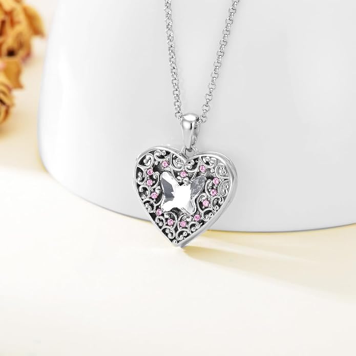 Dorunmo Personalized Locket Necklace 925 Sterling Silver that Holds Pictures Butterfly Birthstone Photo Heart Locket Custom Jewelry Congratulations New Beginnings New Job Gifts for Women