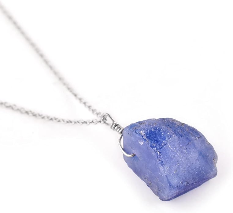 Sliver Pendant Necklace for Women Raw Tanzanite Gemstone, Handmade Jewelry Healing Crystal December Birthstone, Rhodium Plated 925 Sterling Silver Chain 18" Birthday Christmas Day Gifts